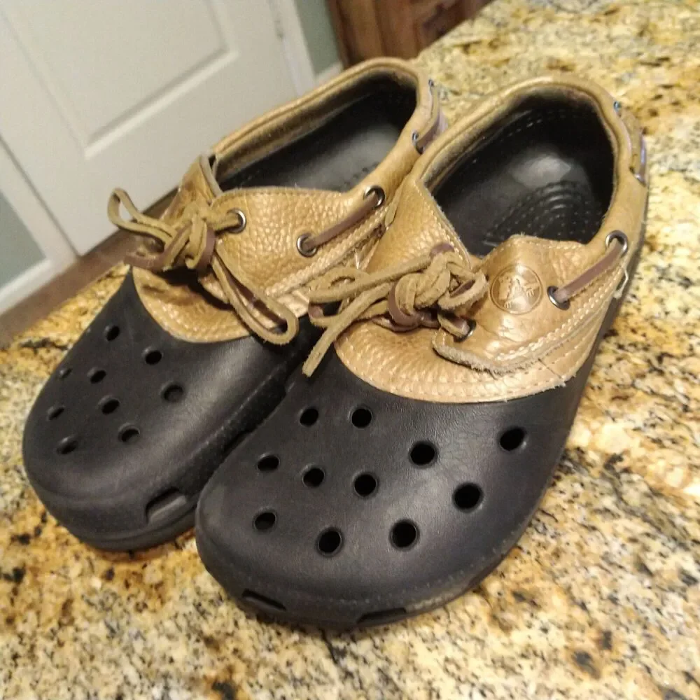 Crocs Islander Sport Pitcrew Black Brown Leather Sandals Lace up Size M6/W8